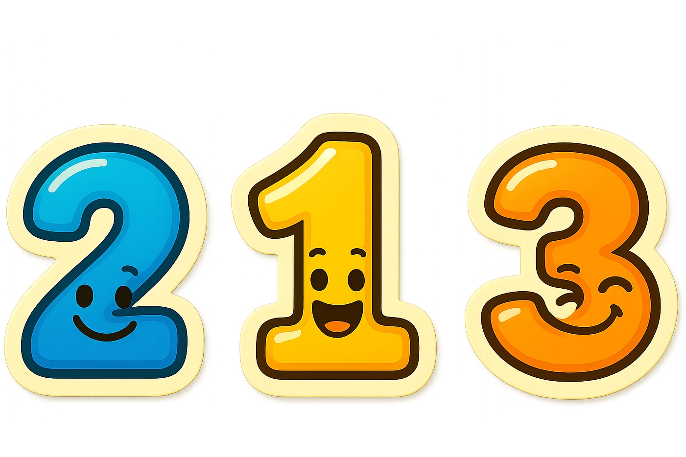 Fix the podium numbers so they are in order 2, 1, 3 from left to right. Keep the cheerful emoji style with vibrant colors and playful expressions. emoji