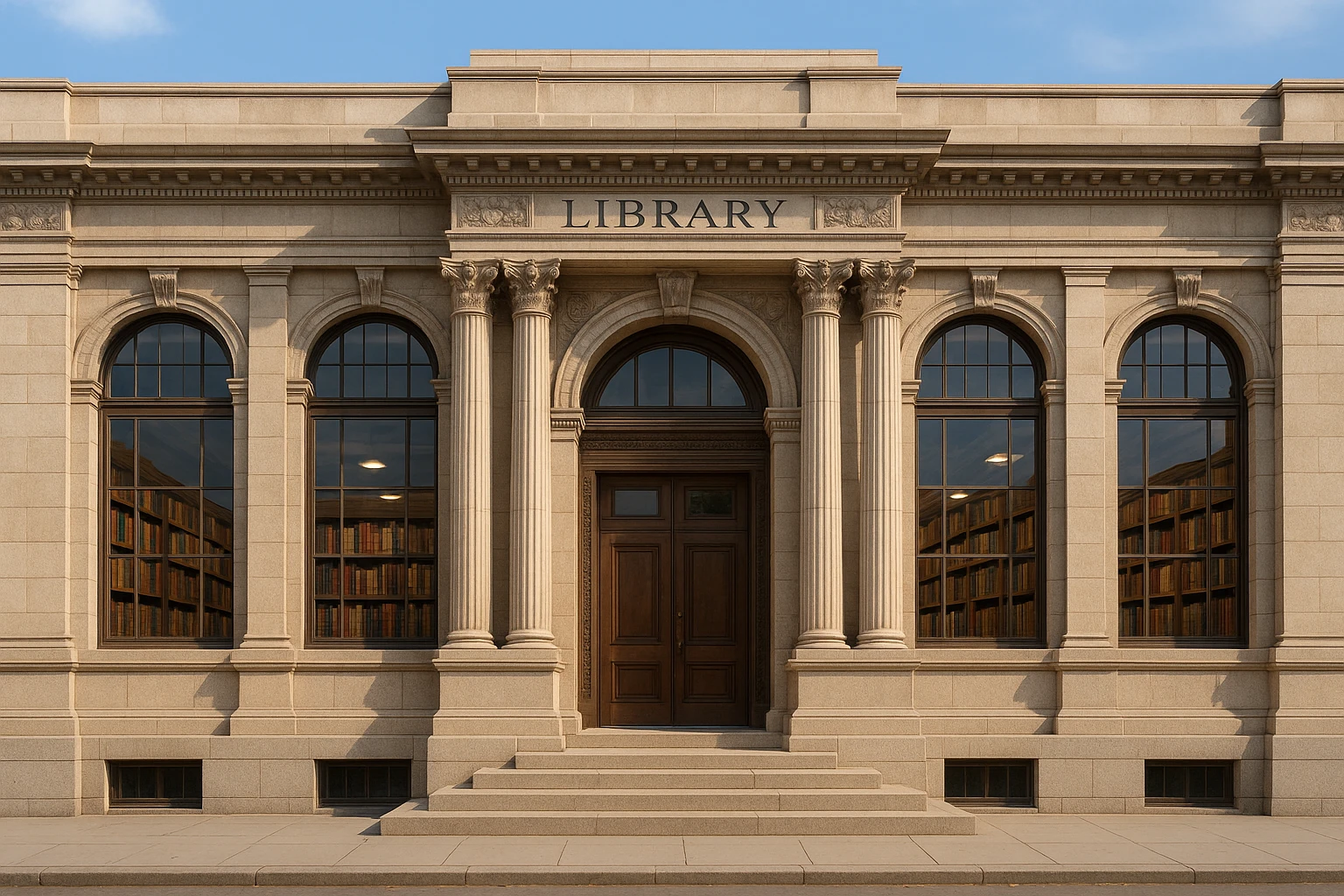 a library, exterior view, classic architecture, books visible through windows emoji