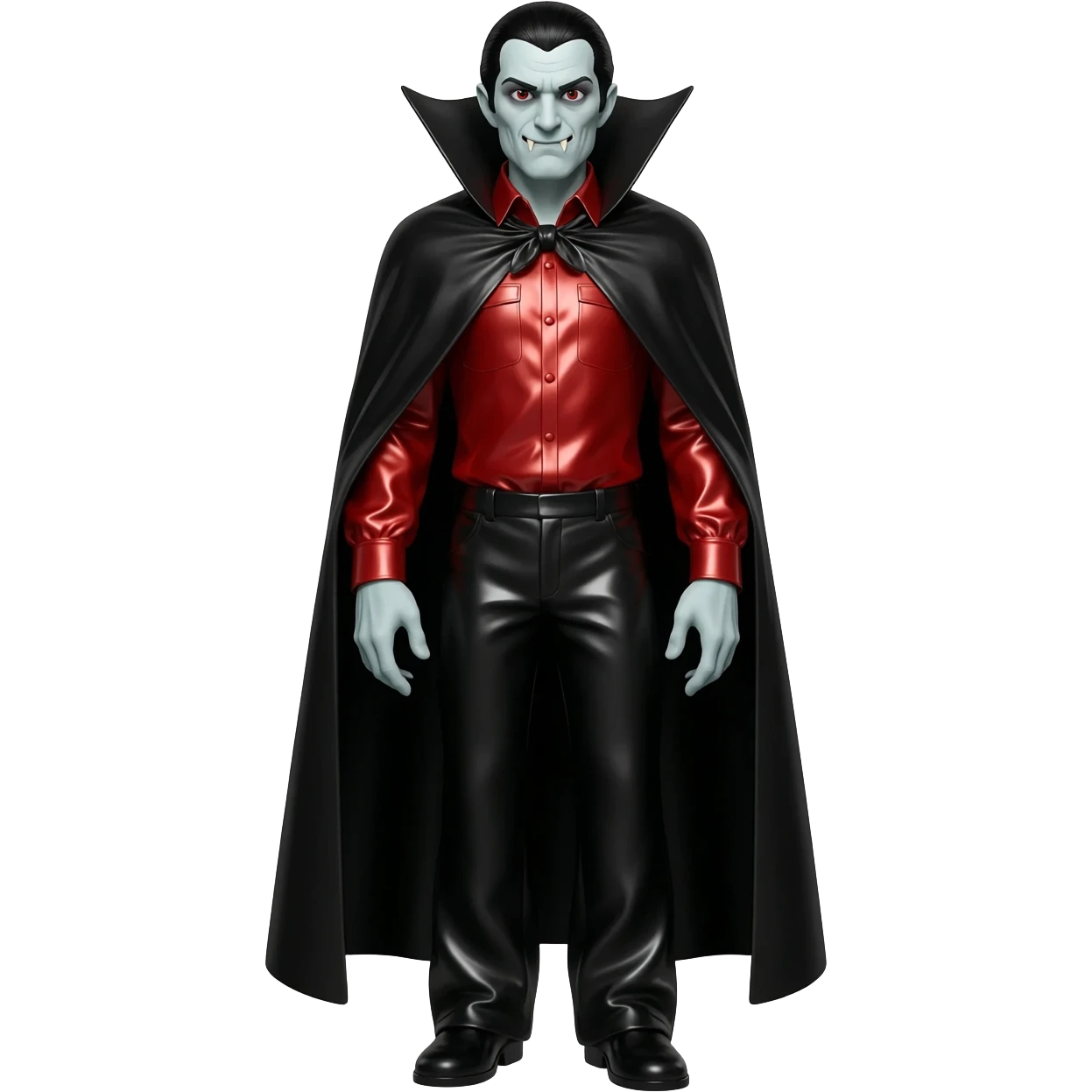 Count Dracula from Universal Monsters with black hair with white streaks, red metallic shirt, black metallic baggy pants, black metallic long cape emoji