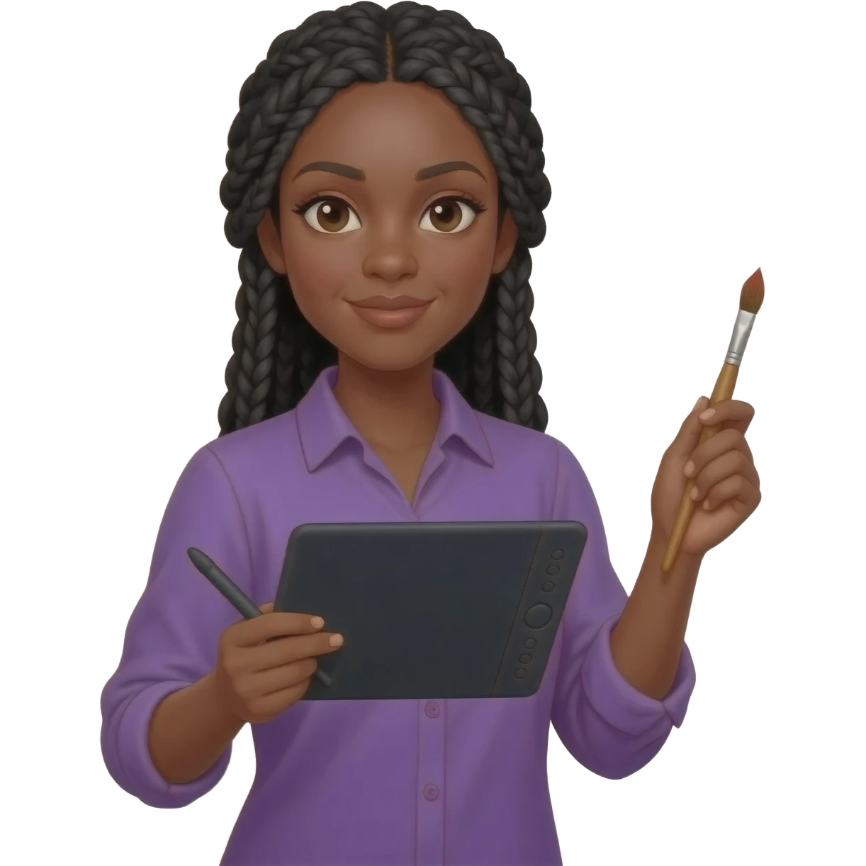 Emoji représentant une femme à la peau marron avec de longues braids noires et portant une belle chemise violette, tenant une tablette graphique dans une main et un pinceau dans l’autre emoji