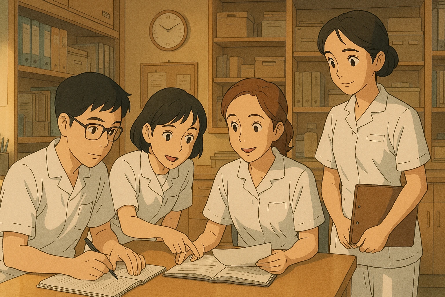 Scène d'équipe de quatre étudiants infirmiers, ambiance de collaboration dans un poste de soin, style Ghibli. Uniformes blancs à manches courtes, tuniques médicales col en V, poche poitrine à gauche, sans pied de col ni stéthoscopes, rien ne dépasse des manches. Les personnages reprennent les traits des quatre photos. emoji