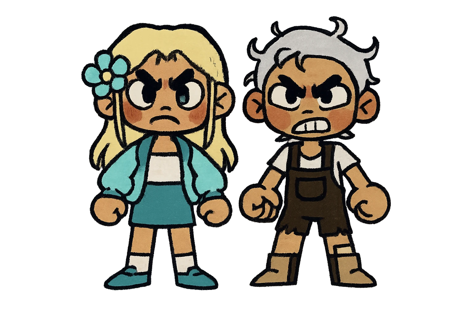 Create a couple image of these two cartoon characters standing side by side, both with angry expressions, matching their style, transparent background. emoji