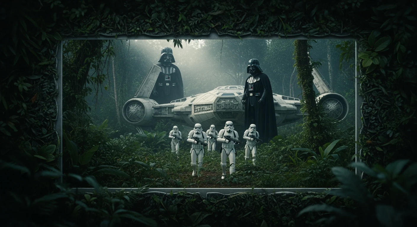 cinematic still, Closeup shot, amazon jungle, frame within a frame), Darth Vader around stormtroopers coming out from starship on ground, they are exploring the jungle, inspired by StarWars movie, captured by arri alexa emoji
