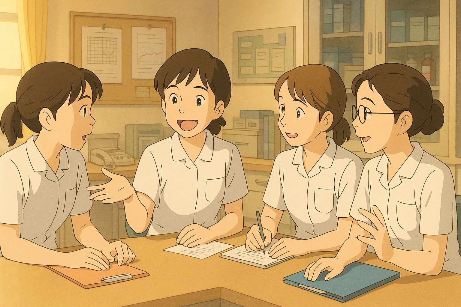 Four nursing students in Ghibli style, discussing and exchanging ideas in a care station, wearing white short-sleeve uniforms with V-neck medical tunics, left chest pocket, no collar stand, no stethoscopes, nothing protruding from sleeves, lively and collaborative scene emoji