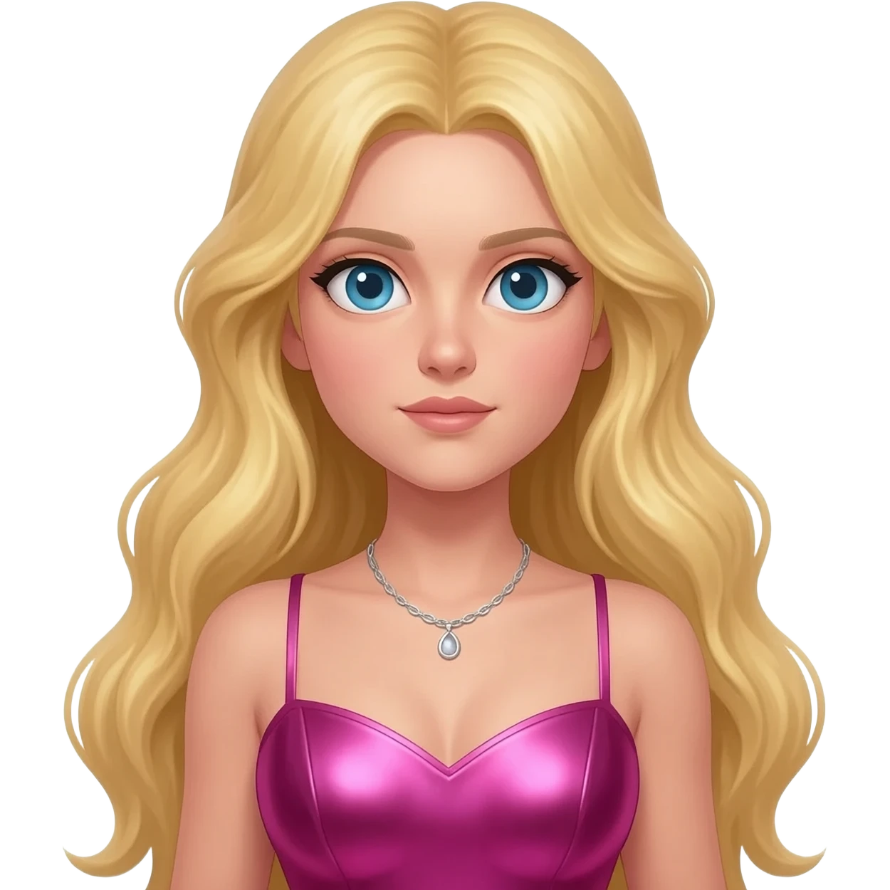 Aphrodite from Greek Mythology with blue eyes, long blonde hair, hot pink metallic sweetheart long dress, silver necklace emoji