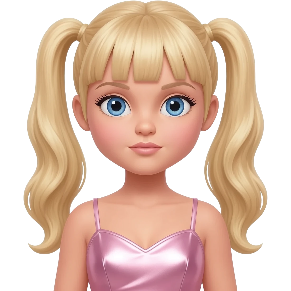 Baby Spice from Spice Girls with blue eyes, long blonde two ponytail hair with bang, light pink metallic sweetheart dress emoji