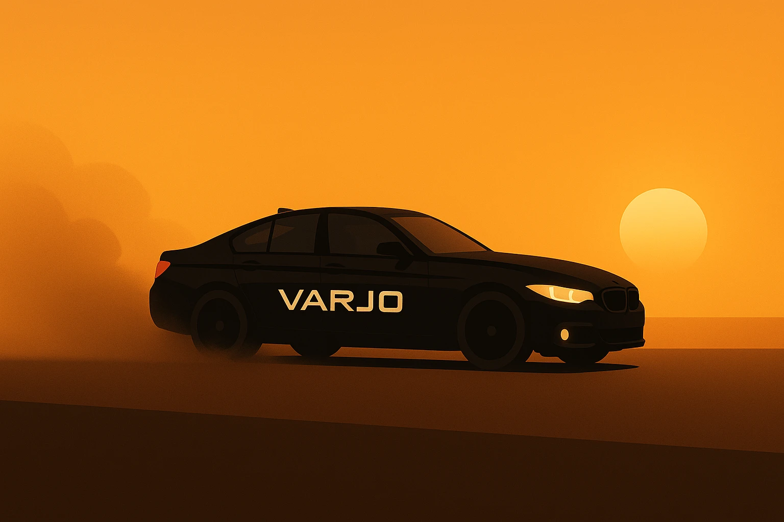 Simplified scene with a black car featuring the Varjo logo on the door, dust rising from the tarmac, minimal details, clean and clear composition. emoji