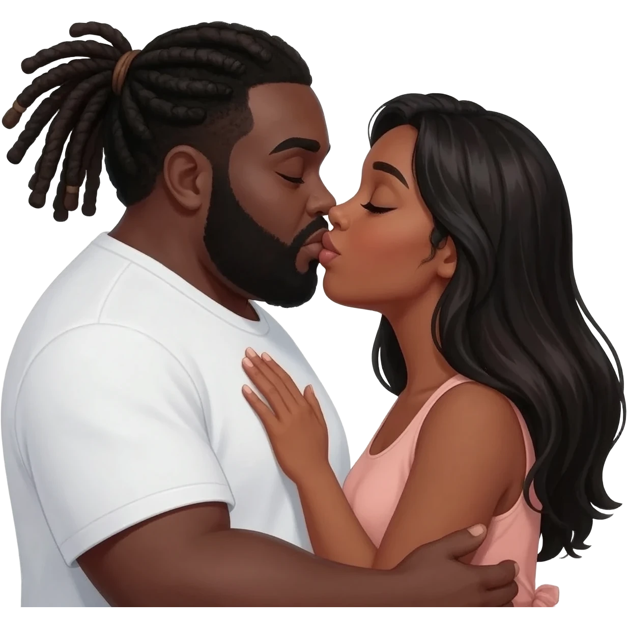 Fat black guy with dreads and black woman with long hair kissing and in love emoji