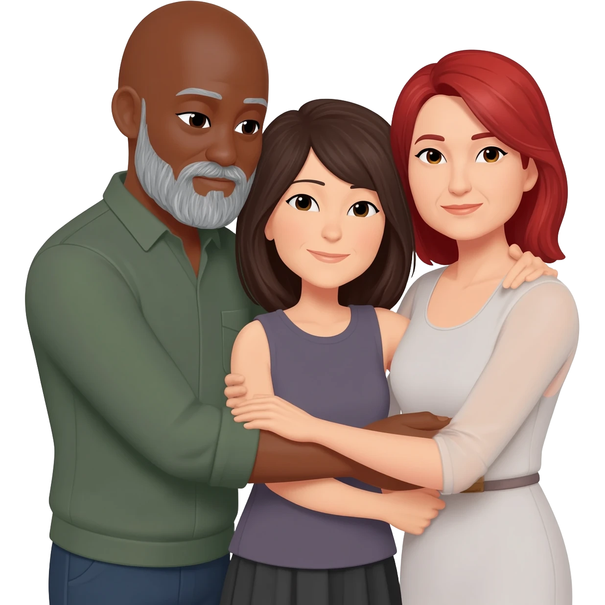 Baldheadeded black man with salt/pepper goatee hugging brunette Japanese older woman k guy with gray goatee hugging white redheaded mature woman emoji