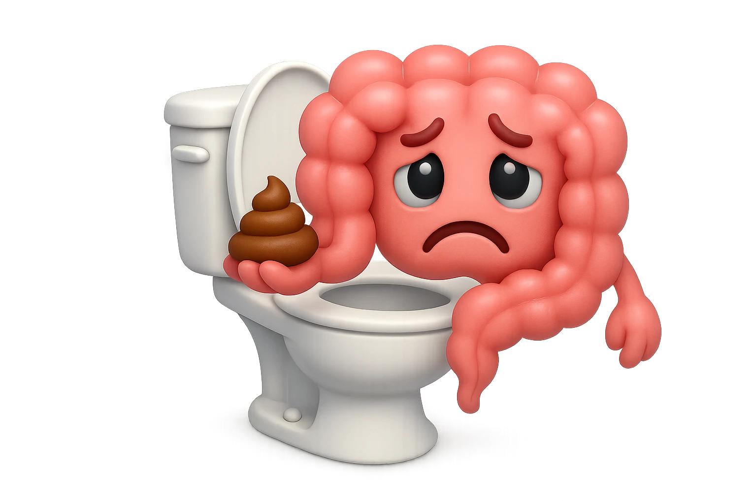 emoji stile iphone di un intestino che esce dal wc con in mano una montagnetta di feci con espressione triste a palline emoji