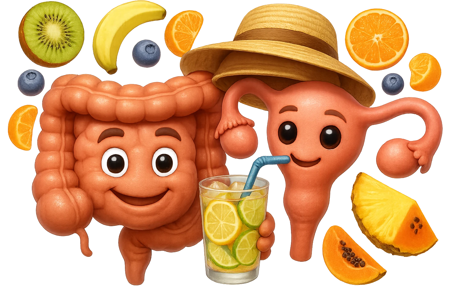 EMOJI STILE IPHONE DI INTESTINO E UTERO UMANI REALISTICI CON CAPPELLO DI PAGLIA DA SPIAGGIA CHE BEVE UN Tè FREDDO IN BICCHIERE DI VETRO CON DENTRO  fette di cetriolo, limone, lime, DIETRO L'INTESTINO FLUTTUANO PEZZETTI DI Kiwi
Banana acerba
Arance e mandarini
Mirtilli
Ananas
Papaya
IPERREALISTICO 4K emoji