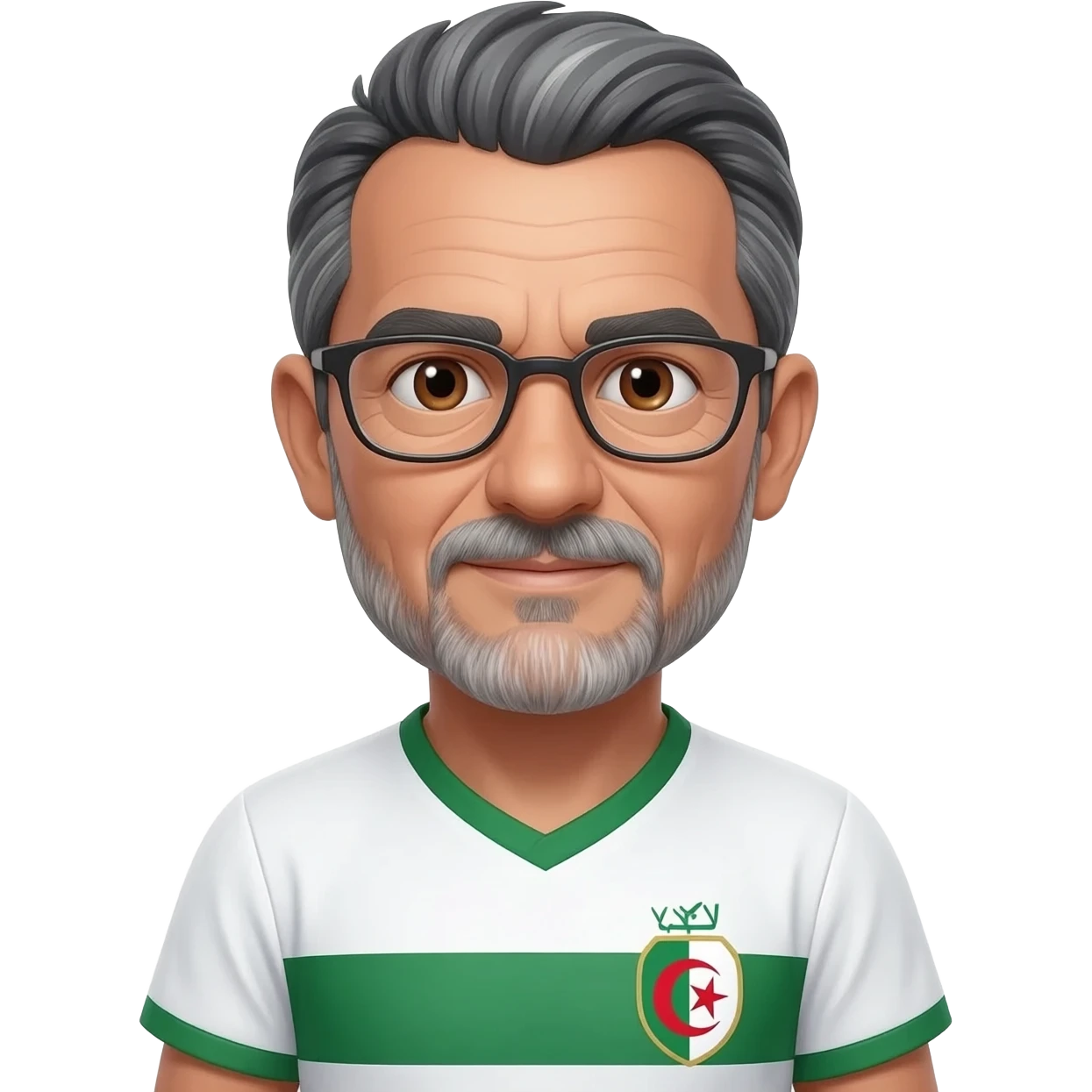 homme algérien un peau claire à lunettes yeux marrons 67 ans cheveux gris et noirs avec barbe légèrement grisonnant avec maillot blanc et vert foot Algérie emoji