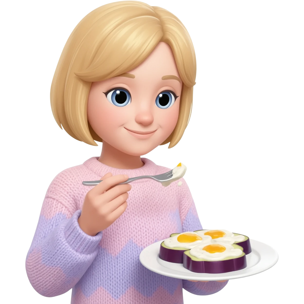 Make a girl eating a eggplant with white mayo sause on it and she’s has blonde hair emoji