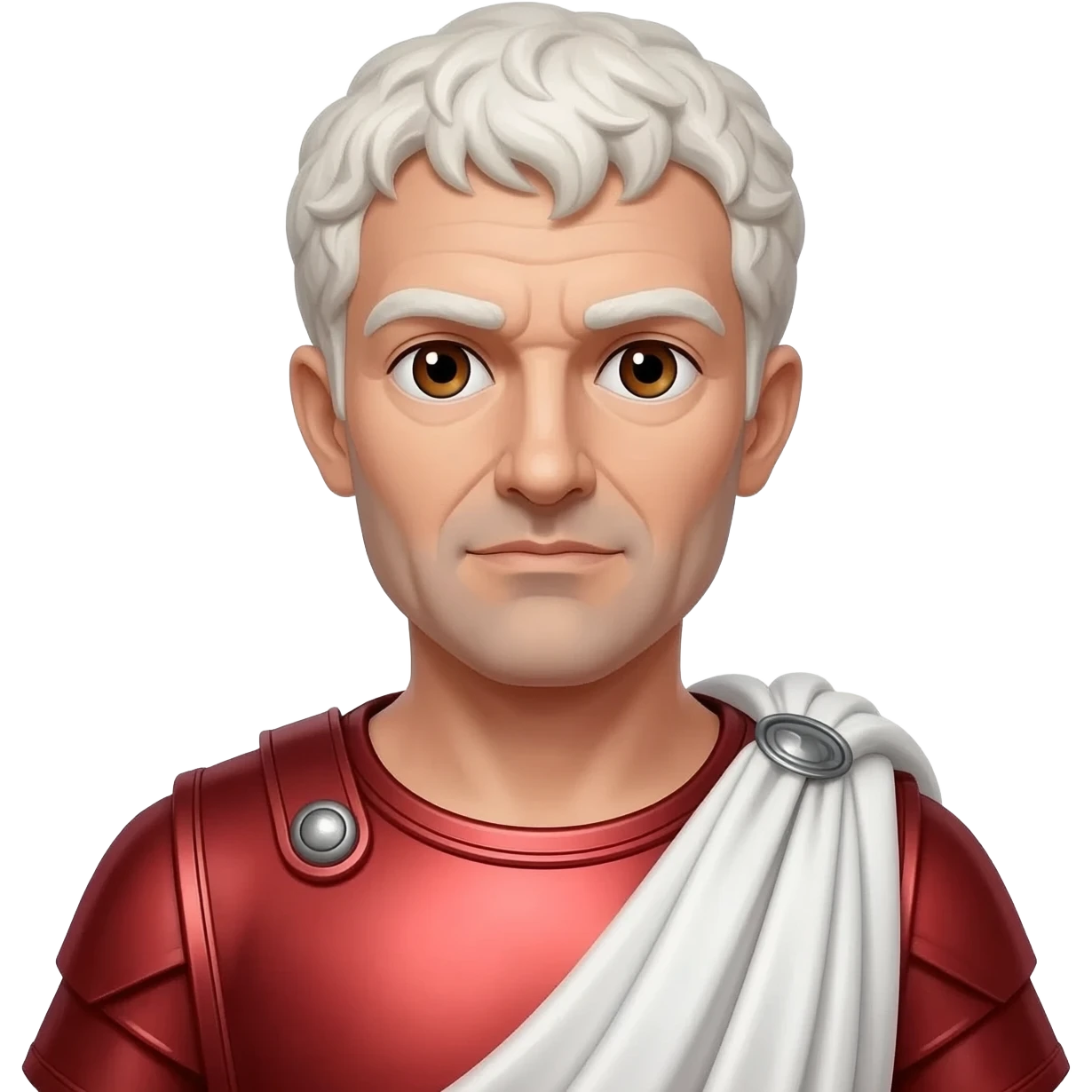 Julius Caesar with brown eyes, white blonde hair, red metallic tunic, white metallic toga emoji