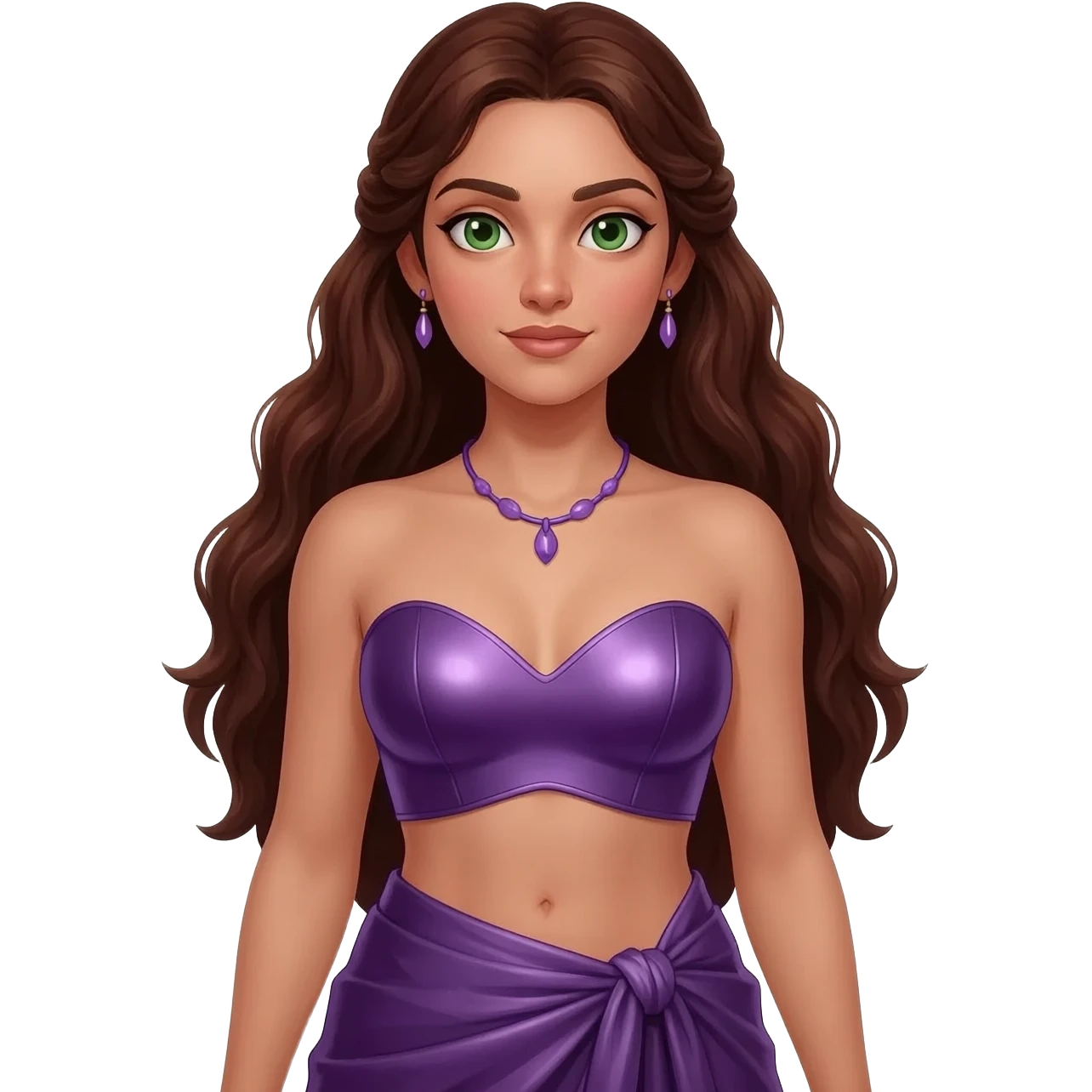 Persephone from Greek Mythology with green eyes, long dark auburn hair, deep purple metallic sweetheart crop top, deep purple metallic wrap long skirt, pale purple necklace and earrings emoji
