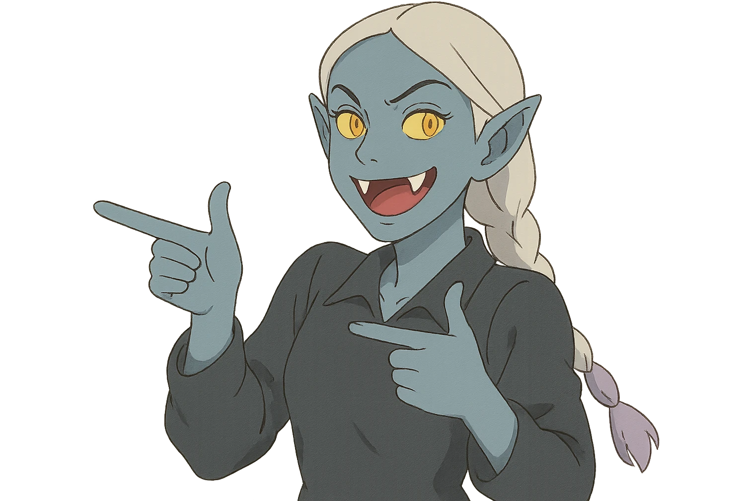 1 female, single long white braid with lavender tips. Vampire with blue skin and glowing gold yellow eyes. Meme pose emoji