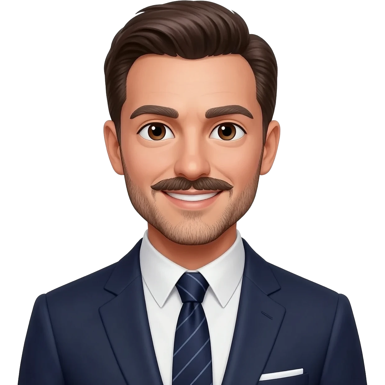 create an emoji of a man, pale skin (at least not tanned), smile. he looks like a proper English gentelman with suit and tie (but gay), dark brown short hair, a moustache with a slim beard, dark brown eyes, natural lips. he wears a nicely arranged shirt with a tie emoji