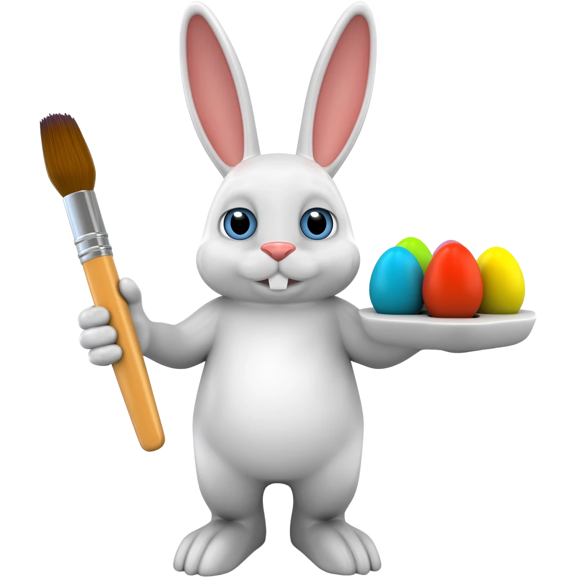 Withe bunny holding a brush with colored eggs emoji