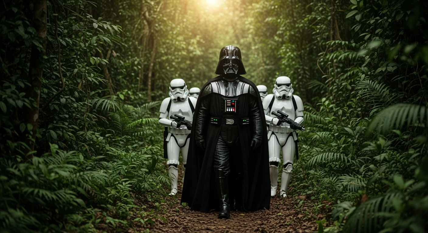 cinematic still, amazon jungle, well lit scene, Darth Vader around stormtroopers is exploring the jungle, close up, front shot, rule of thirds, captured by arri alexa emoji