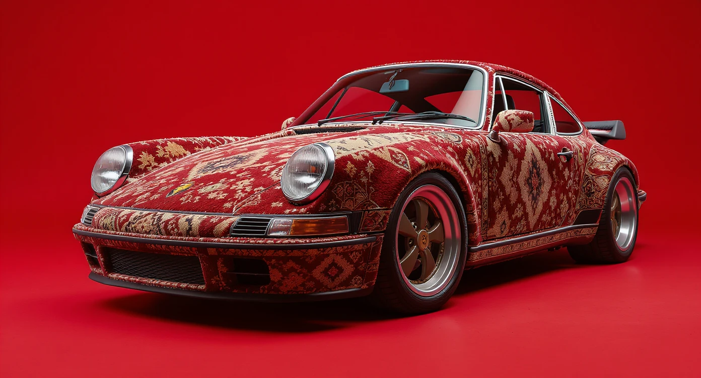 Closeup shot of a porsche 911, body of car made of russian carpet with patterns, red solid studio background, low keu light, top soft light, dutch angle,  captured by ARRI 65 emoji