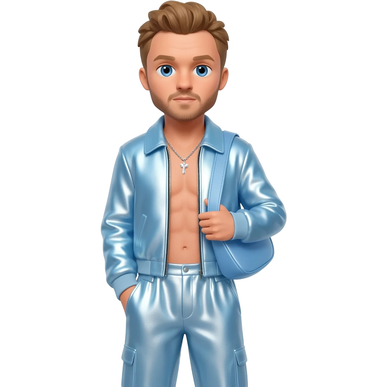 Justin Timberlake with blue eyes, light brown hair, light blue metallic jacket, light blue metallic baggy pants, shirtless with necklace emoji