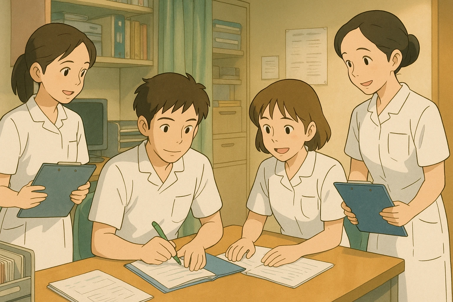 équipe de quatre étudiants infirmiers collaborant dans un poste de soin, style Ghibli, uniformes blancs à manches courtes, tuniques col en V avec poche poitrine à gauche, pas de pied de col, pas d'accessoires, ambiance conviviale emoji