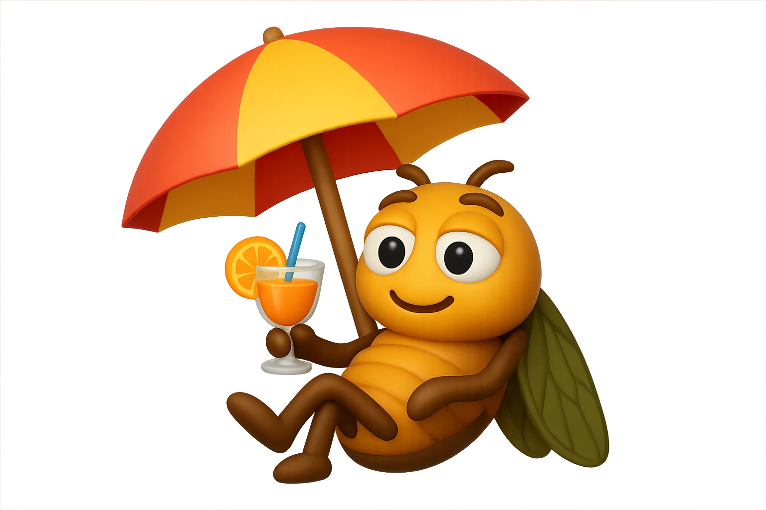 EMOJI STILE IPHONE 3D DI UNA CICALA CHE STA RILASSATA SEDUTA SOTTO L'OMBRELLONE IN SPIAGGIA CON UN COCKTAIL IN MANO, FAGLI GLI OCCHI CON LA PARTE BIANCA, NON SOLO LA PUPILLA emoji