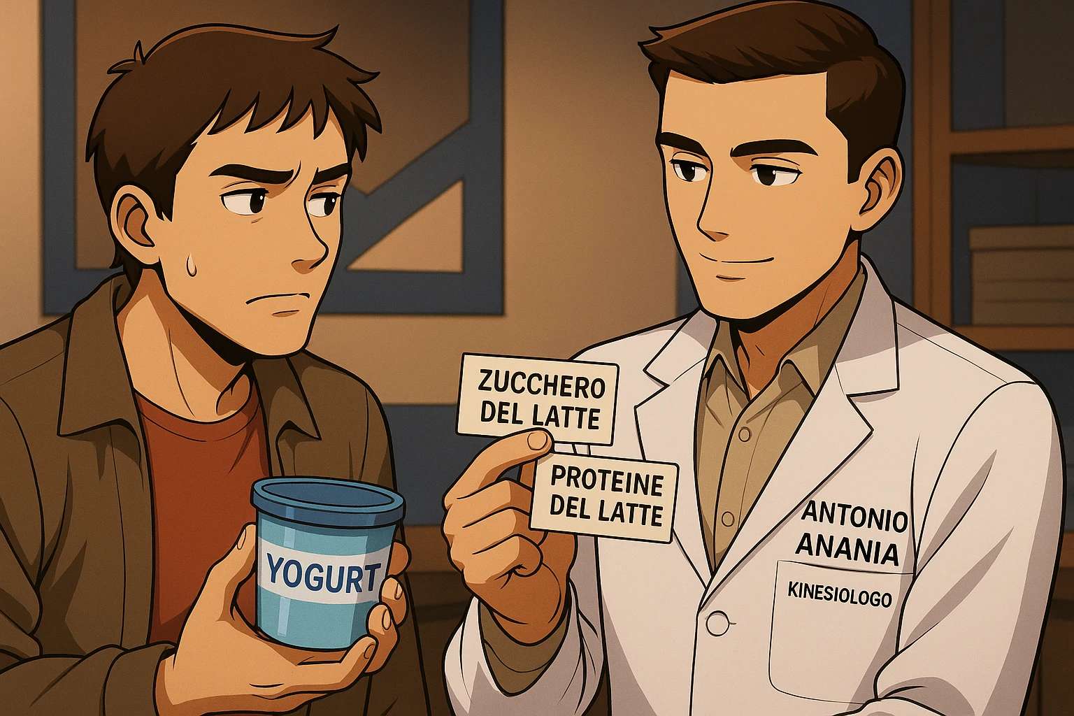 fai un webtoon manga a colori con questo stile, in cui un uomo ASCOLTA Il kinesiologo con il camice bianco (fagli anche la scritta "ANTONIO ANANIA" SUL CAMICE, IL KINESIOLOGO SPIEGA ALL'UOMO UNA COSA TENENDO DUE FOGLIETTINI IN MANO, UNO CON LA SCRITTA "ZUCCHERO DEL LATTE" E UNA CON LA SCRITTA "PROTEINE DEL LATTE". L'UOMO OSSERVA LO YOGURT CHE HA IN MANO CON ESPRESSIONE DUBBIOSA IN VOLTO. non fare i fumetti però, fai solo in modo che sembri stiano parlando emoji