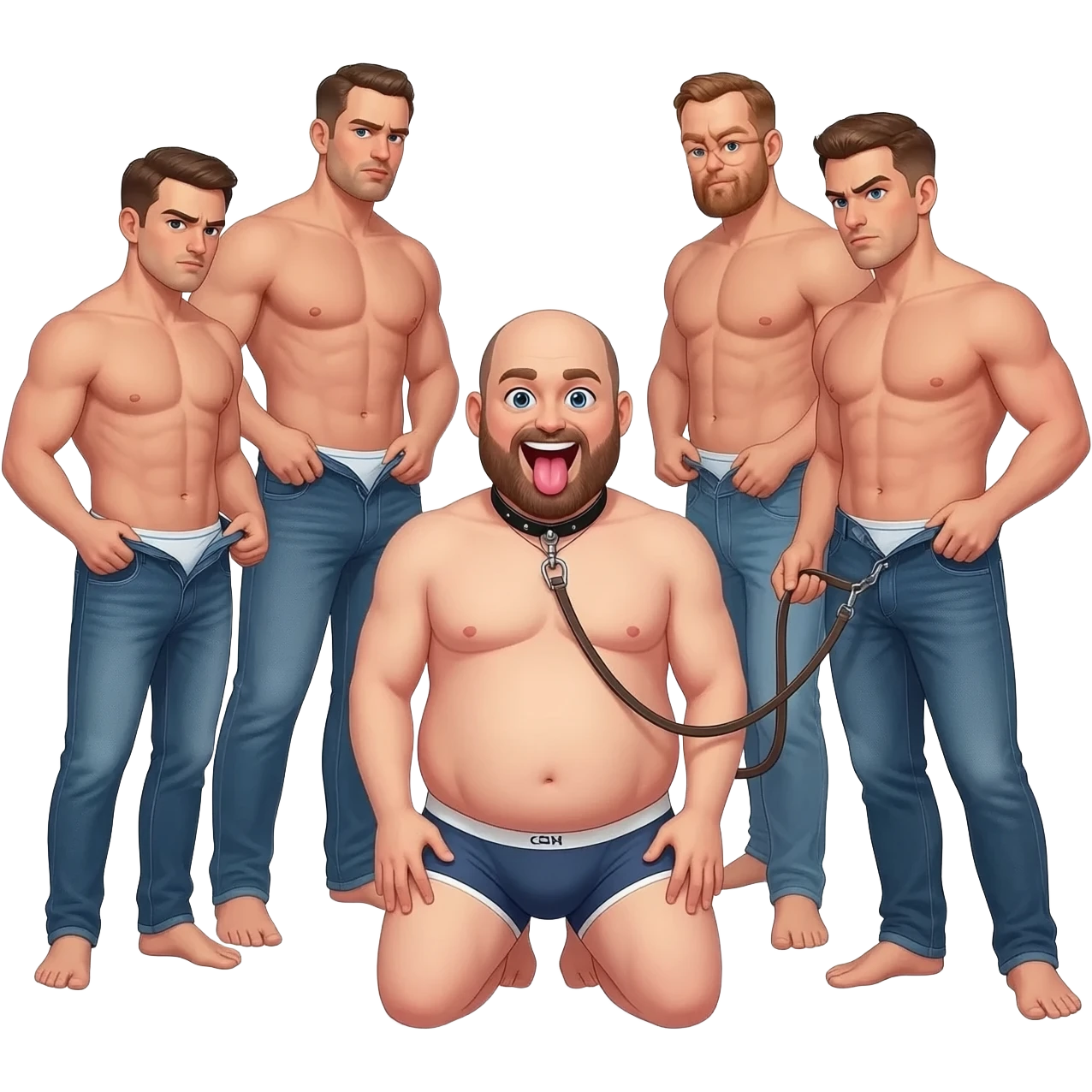 A group of mean looking  shirtless stocky men with tight jeans unbuttoning their jeans and surrounding a chubby bald bearded guy in underwear with mouth wide open and tongue out on his hands and knees wearing a collar and leash held by one man realistic style emoji