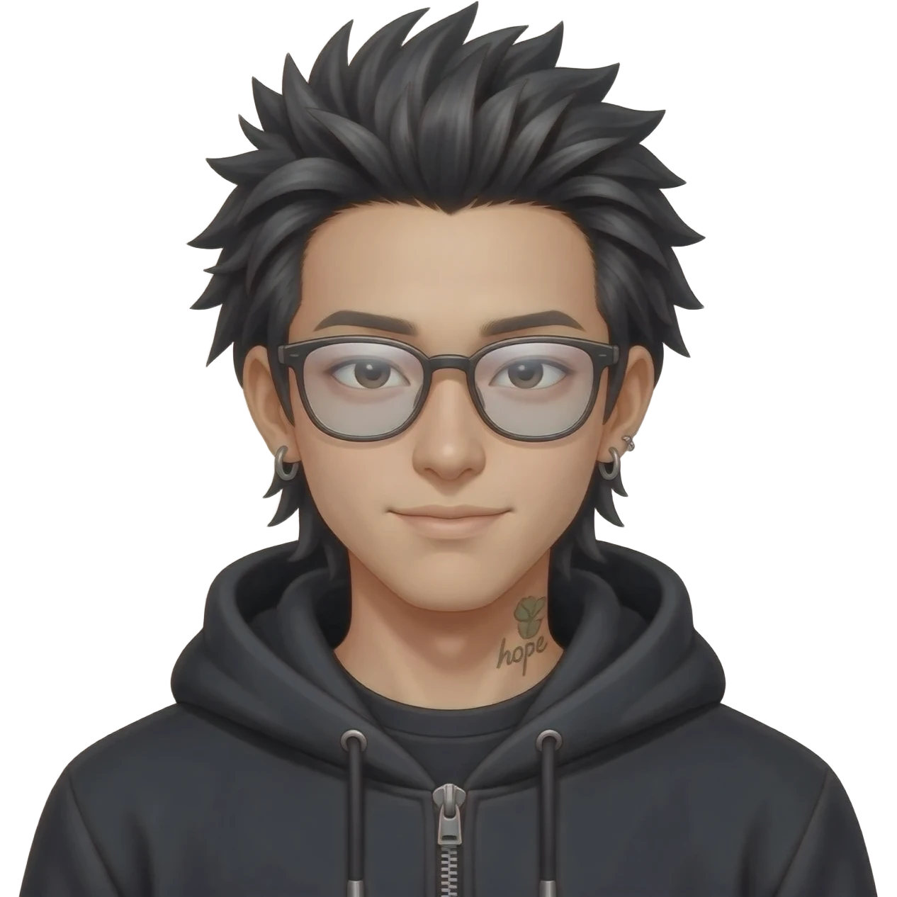 japan boy with spiky long hair and black hoodie zip one-sided earrings tattoo with the word "hope". cool face wear glasses emoji