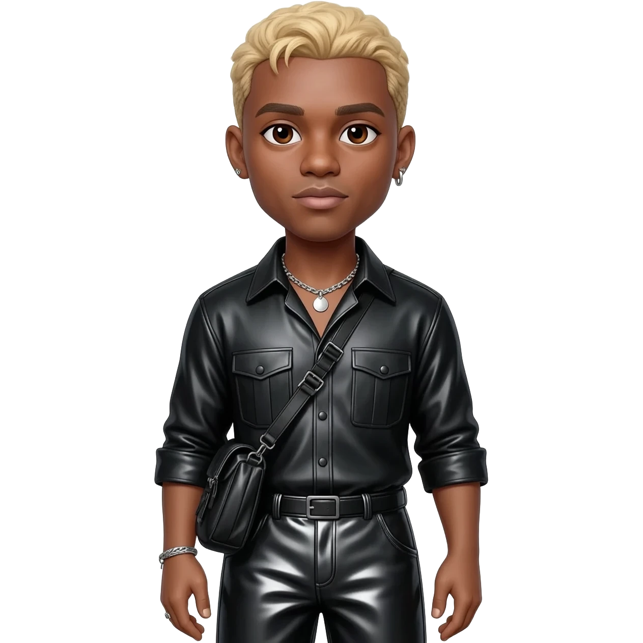 Chris Brown with brown eyes, blonde short hair, black metallic shirt, black metallic baggy pants, silver necklace emoji