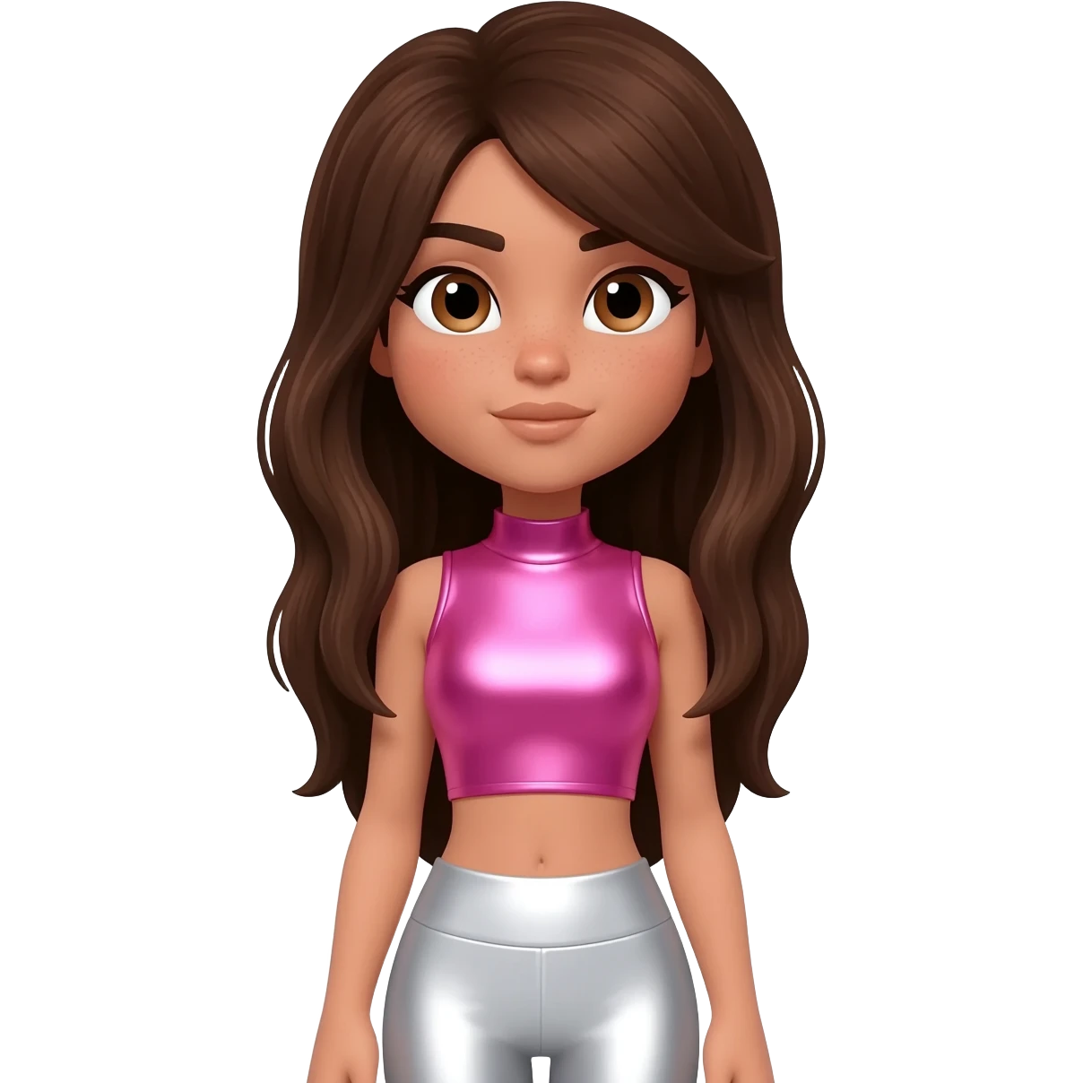 Azzyland with brown eyes, long dark brown hair, pink metallic crop top, white metallic leggings emoji