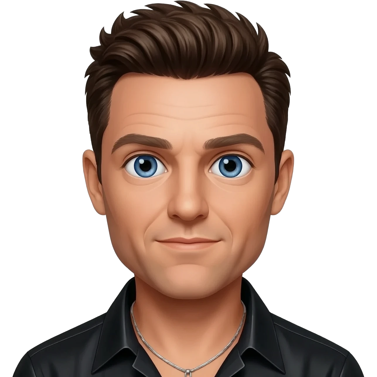 Mark Feehily from Westlife with blue eyes, dark brown hair, black metallic shirt, silver necklace emoji