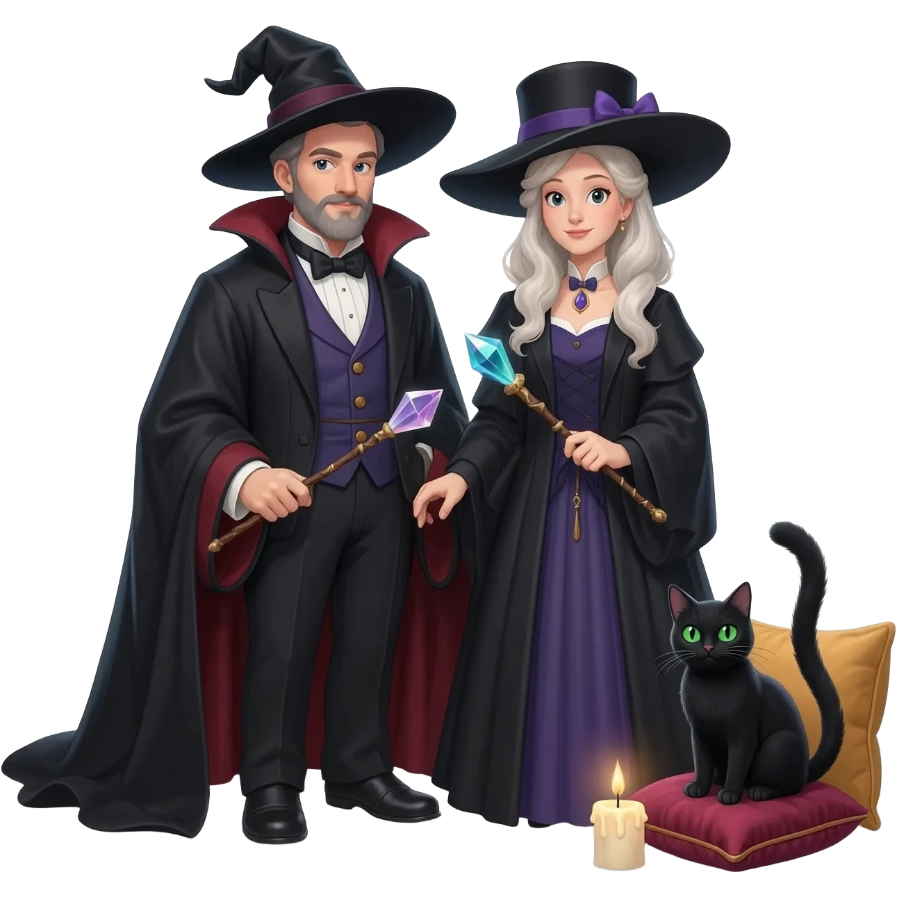 magician couple and their pet cat emoji