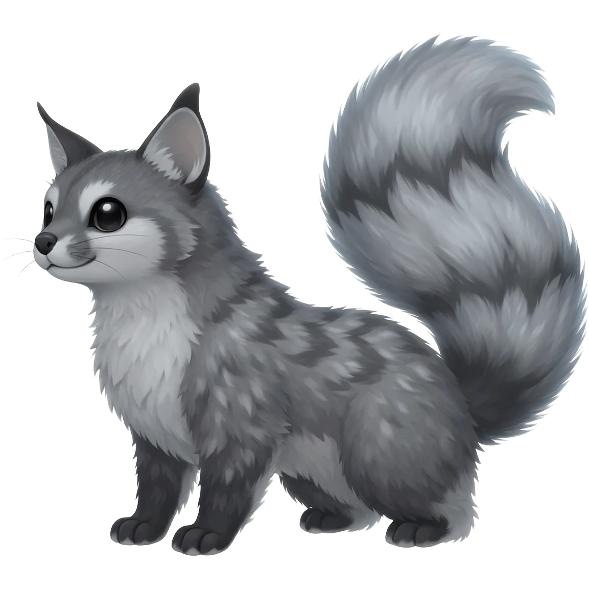  charcoal fur with silver frost-veins and ghost-dust sheen Hyper-realistic beautiful elegant pretty precious cute  Fakémon-Pokémon-opossum-feline-serval-caracal-chinchilla-Furret-Minccino-hybrid-creature with a big fluffy bushy tail (full body) emoji