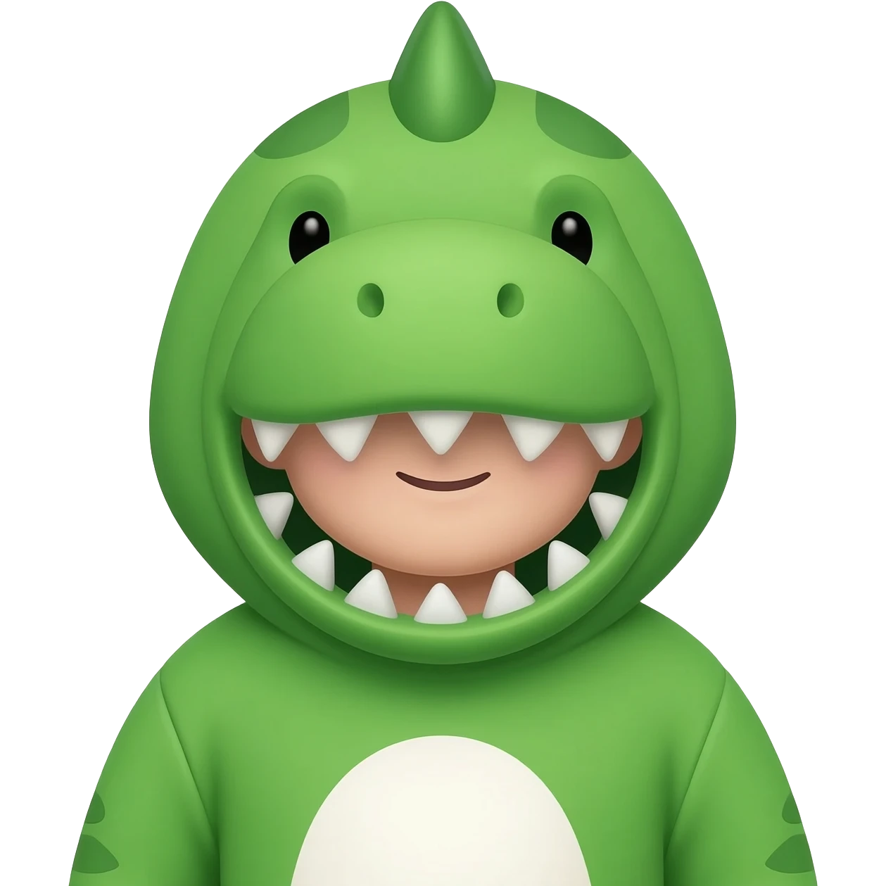 🦖 Costume
Le costume est vert vif avec un ventre blanc au centre.
Sur la tête, il a une capuche en forme de tête de dinosaure, avec de petites dents triangulaires autour du visage.
On voit aussi une petite crête ou pointe sur le dessus de la tête, pyjama
😀 Visage
Le visage est très cartoon emoji