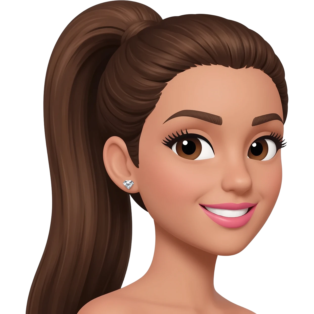 brunette with long  medium brown hair in a sleek high ponytail, dark brown eyes, medium brown eyelash color, full lips, small button nose, fair olive color skin, with full eye lashes, diamond earring studs, with pink lipstick, nice smile, with medium brown eyebrows emoji