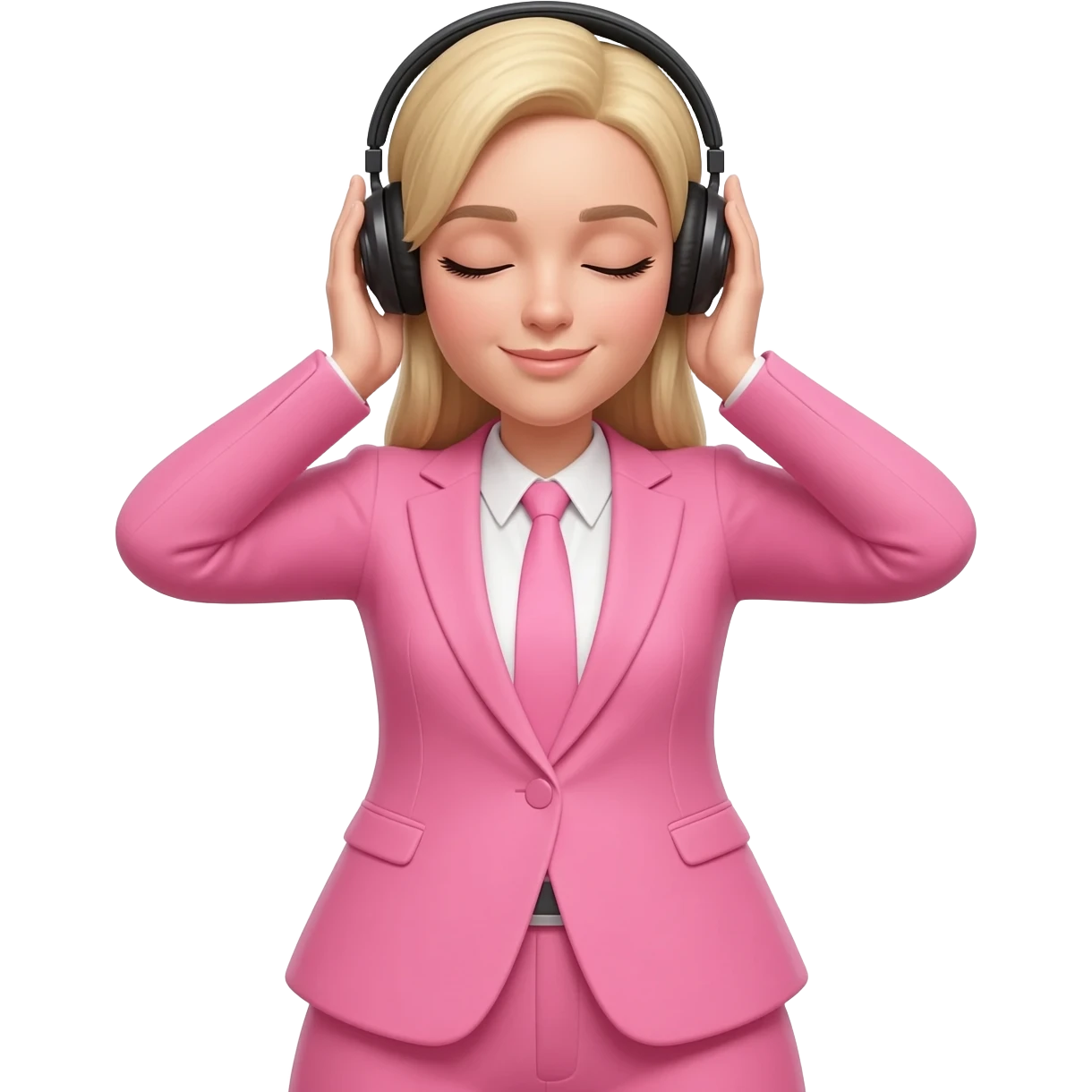 Woman in blonde hair and pink suit wear a black headphones on head connect to pink iphone max pro and hold on headphones on head with hands on headphones with close eyes emoji