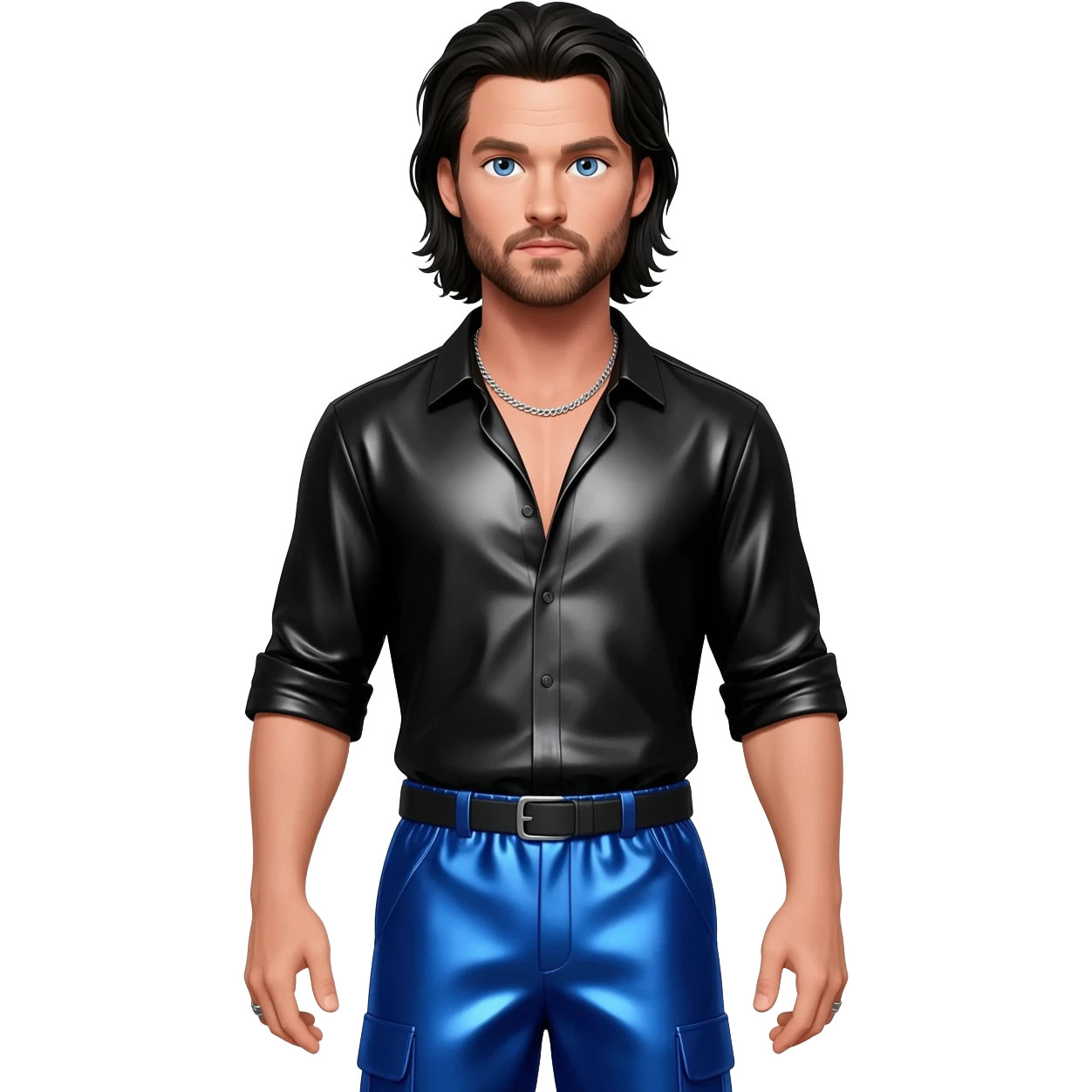 Chris Hemsworth with blue eyes, long black hair, black metallic shirt, cobalt blue metallic baggy pants, silver necklace emoji