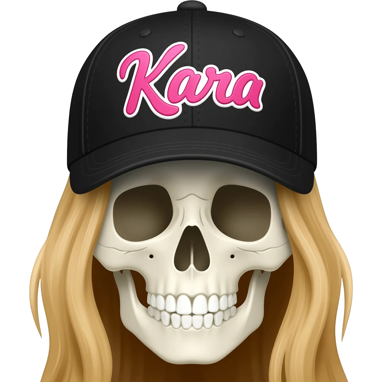 Create a skeleton head wearing a black baseball cap that says " Kara " in pink, and white lettering, with long blonde hair emoji