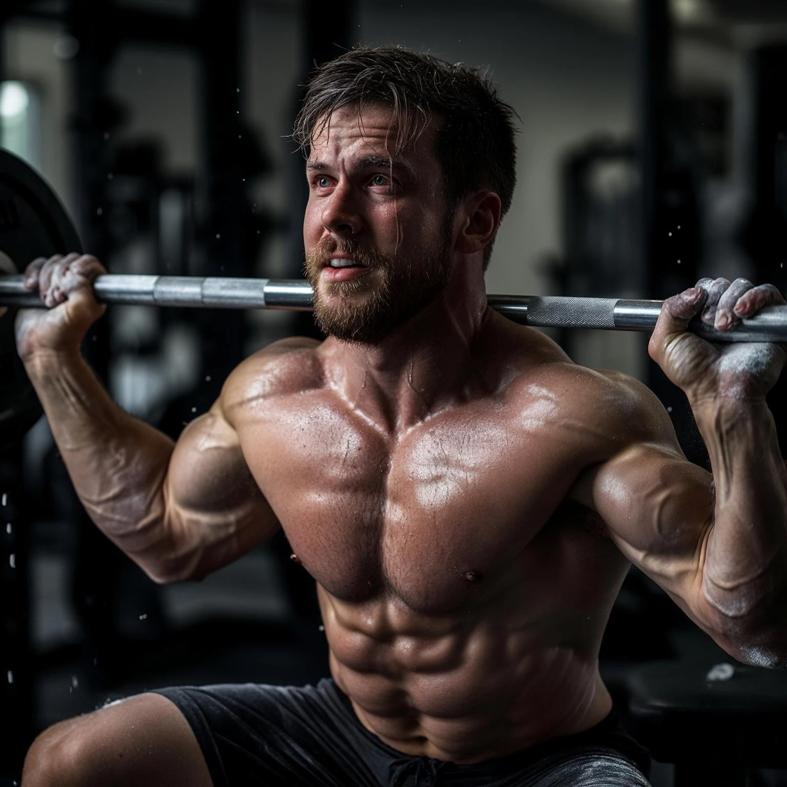 A muscular man in his early 30s, mid-workout in a gym, sweating heavily, expression showing fatigue and strain but still focused. He’s performing heavy barbell squats or deadlifts, with chalk-covered hands, and a visible training logbook nearby showing notes like 'Week 4 – Alto Volume'.  emoji