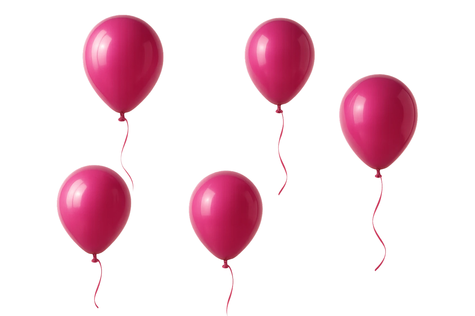 5 palloncini magenta fluttuano in aria isolati su sfondo bianco, iperrealistico 4k emoji