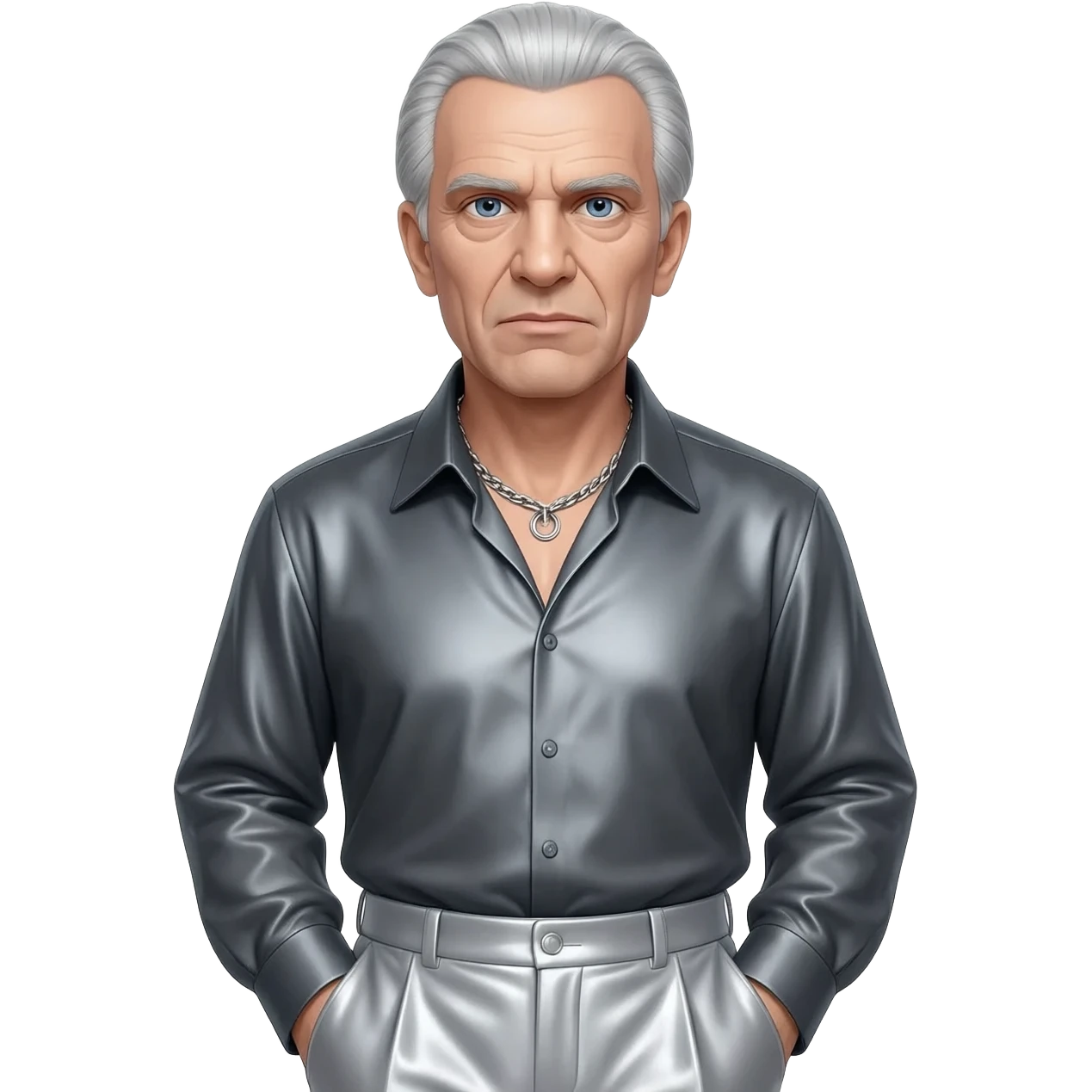 Ernst Stavro Blofeld from James Bond with blue eyes, silver hair, charcoal grey metallic shirt, light gray metallic baggy pants, silver necklace emoji