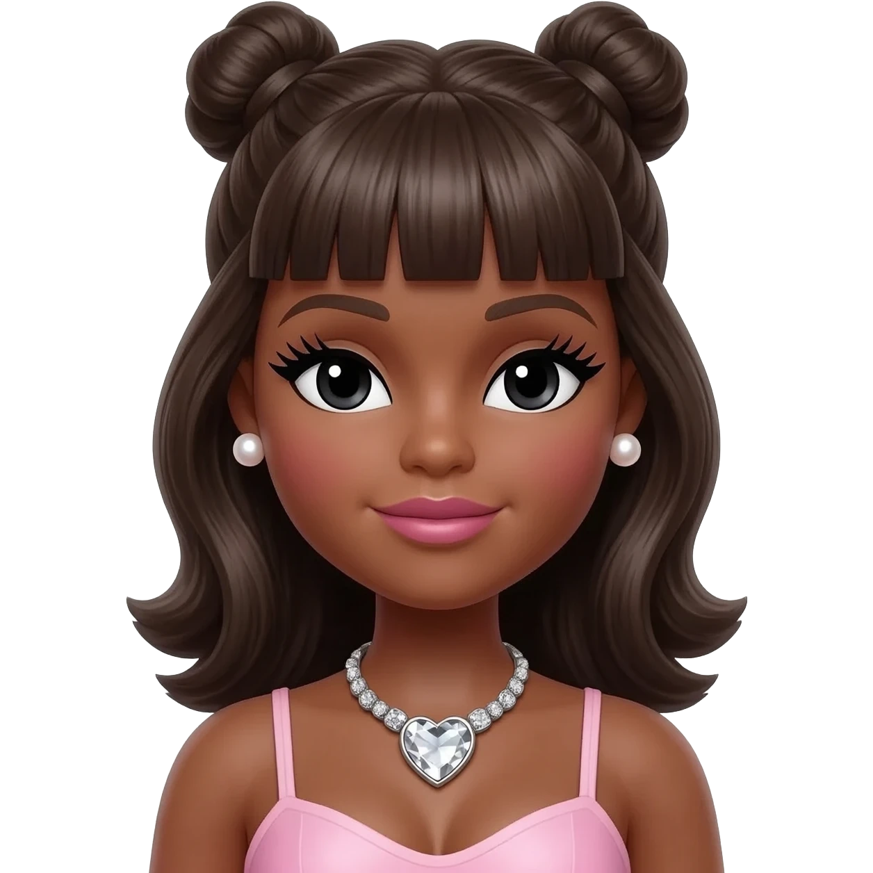 pearl earrings stud, Long giant lashes, Doll faced shaped,swarovski heart with Rhodium plated necklace, bimbo, black doll eyes, barbie, dark brown skin, with two high buns with long middle part bangs dark brown hair, light pink, big breast emoji