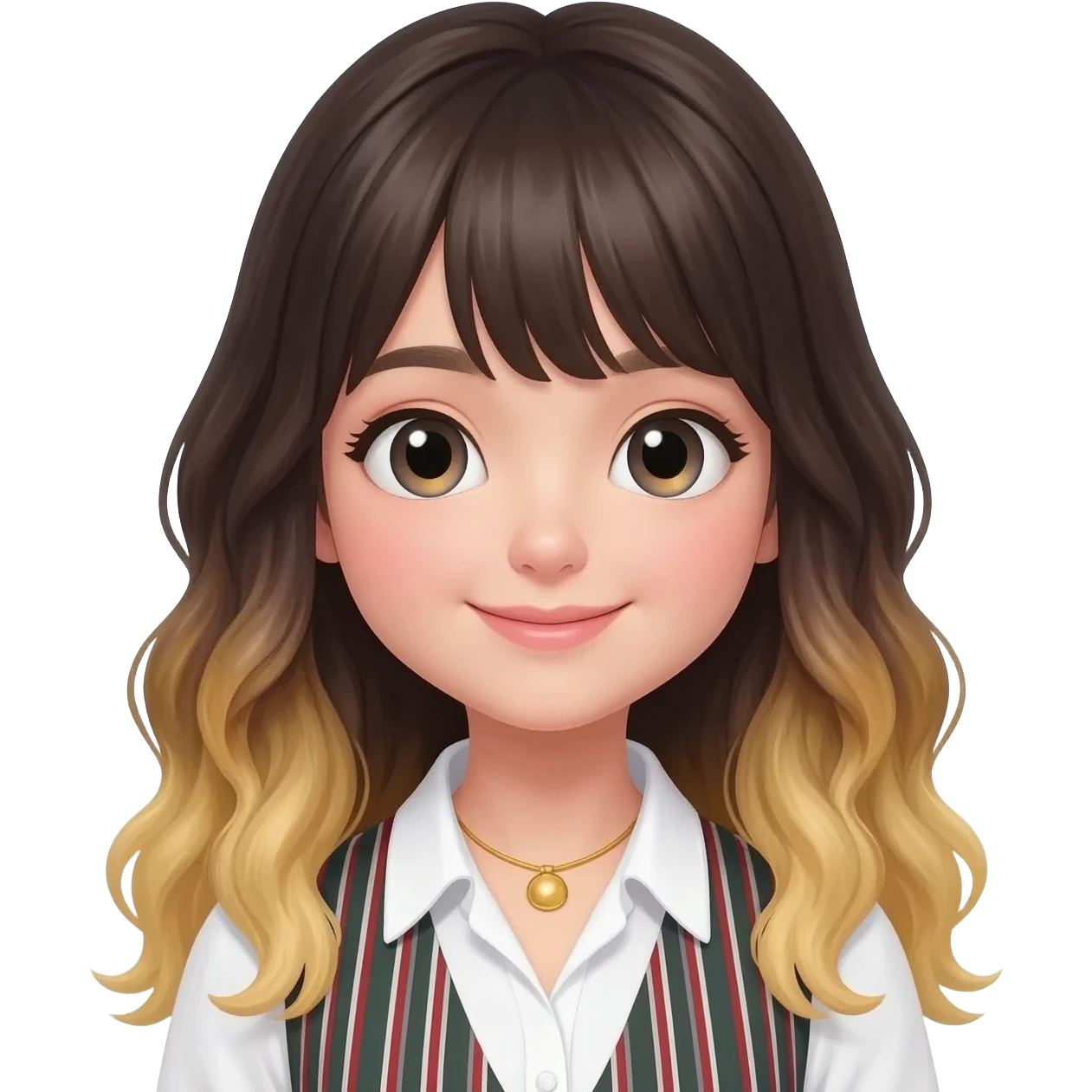 a girl with long length dark wavy hairs  blonde color to the ends of the hairs with light bangs . big eyes and soft features and with the sincere smile. outfit is white shirt with a golden necklace and add stripet west top of it emoji