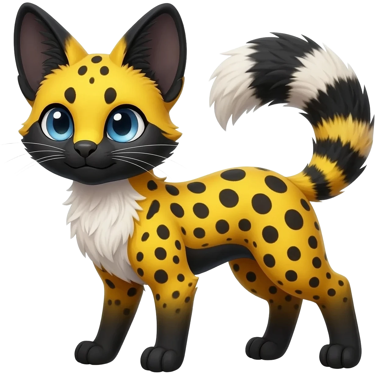 beautiful elegant spotted hype-realistic, black-maned, vibrant yellow Genet-Serval-Sergal-Margay-Fox-fusion-hybrid-furry-fursona, full body, with a long puffy fluffy black-and-white-striped tail, black long big ears, with natural blue eyes emoji