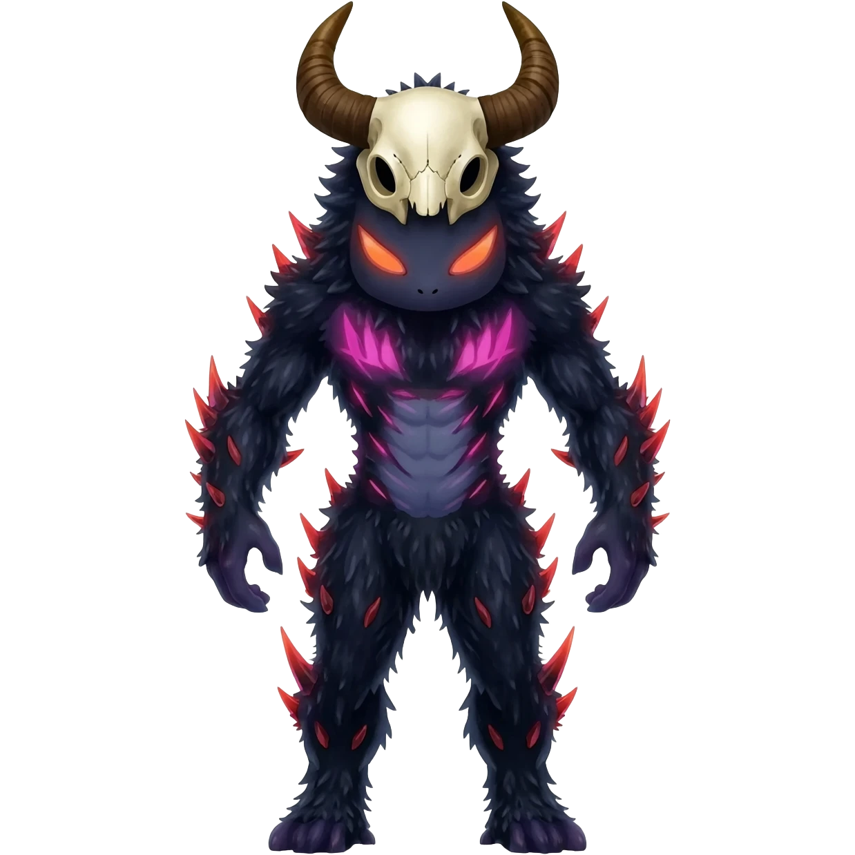Shiny Dark Edgy  Duskull-Salandit-Inteleon-Amaura-Fakémon-hybrid-creature (full body) with a horned animal-skull-mask emoji