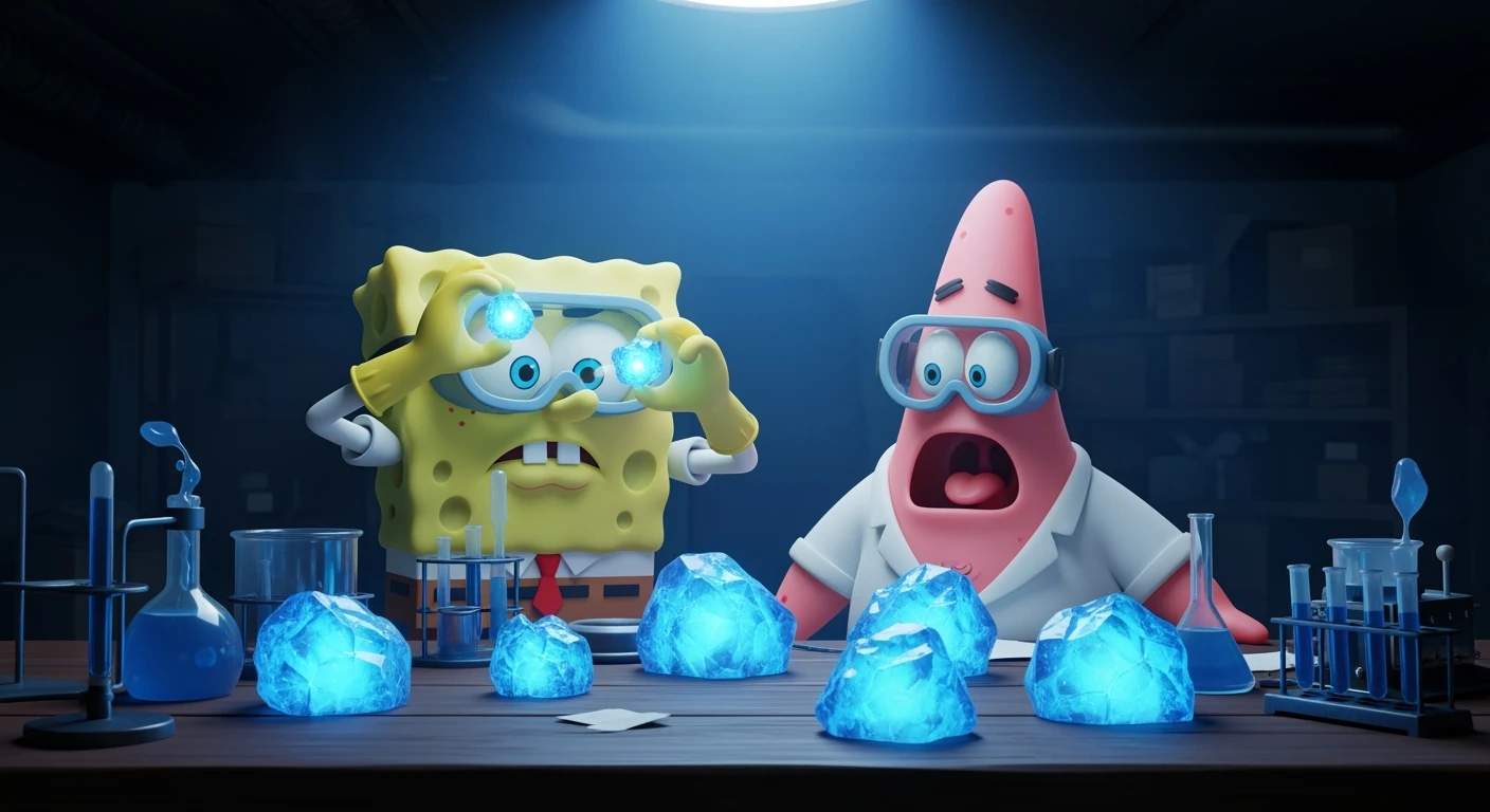 3D cienmatic cartoon shot, spongebob and patric dress in safety glasses and safe white outfit, the are standing front of table with blue crystals on table glowing (light source) science room in basement, back light, Cinema 4d render, proffesional lightning, blue colors emoji