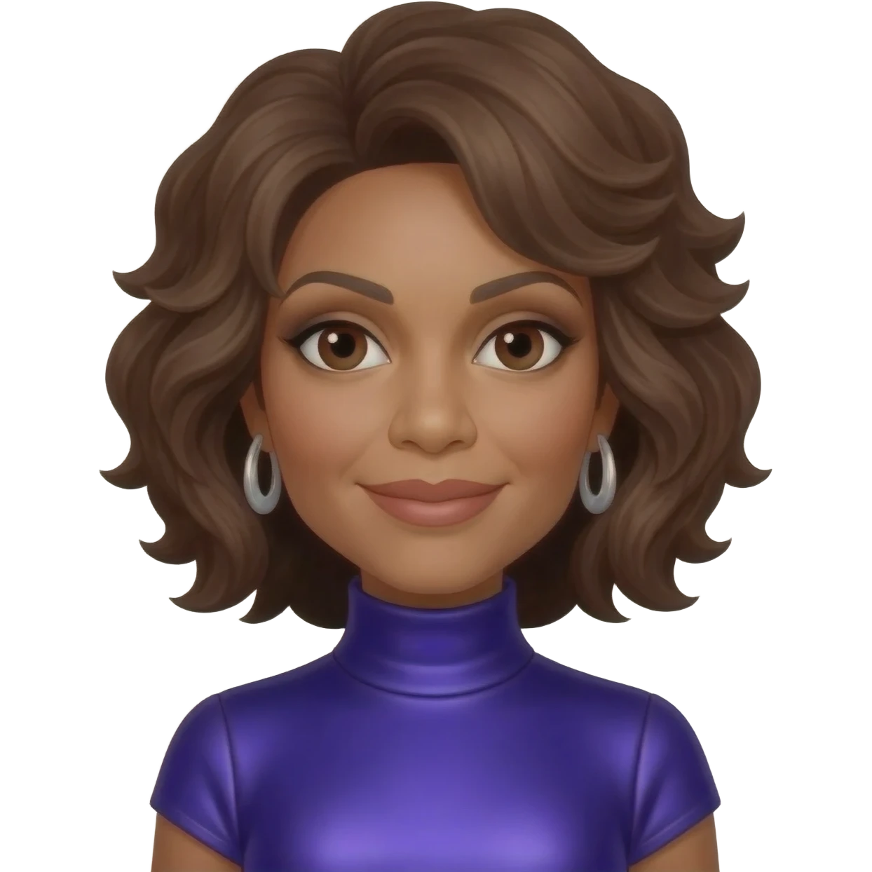 Whitney Houston with dark brown eyes, brown hair, blue violet metallic turtleneck dress, silver earrings emoji