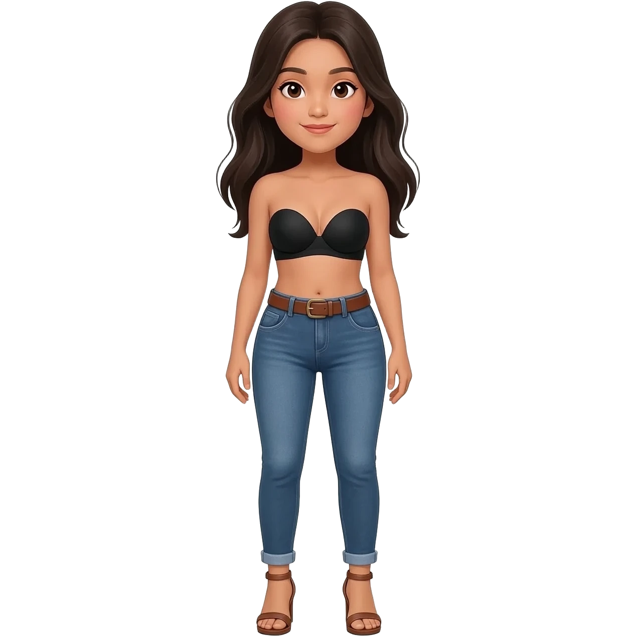Filipino girl black bra strapless top and low waisted denim jeans with brown belt with feet stand straight body wear pageant high heels sandals brown emoji
